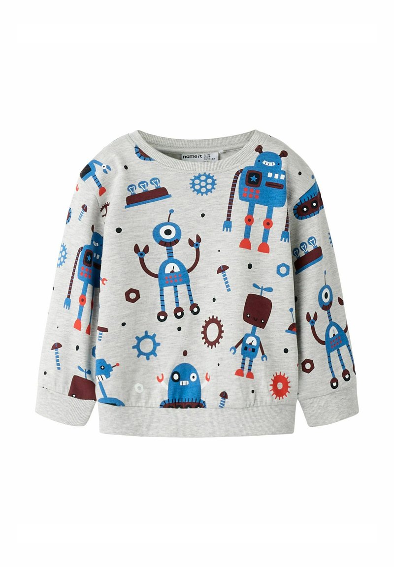 Sudadera gris con patrones coloridos de robots y engranajes en azul, rojo y negro. Tela suave con mangas largas y cuello redondo.