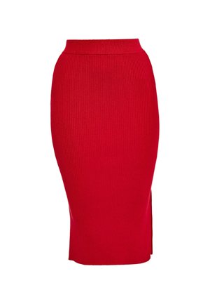 Falda lápiz de punto acanalado rojo con cintura alta, sobre un fondo blanco.