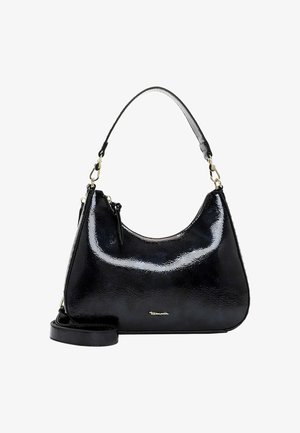 Mustast lakknahast käekott kõverikujulise kujuga, eemaldatava rihma ja kuldse tooniga riistvaraliste aksessuaaridega. Omadused hõlmavad lukuga sulgemist ja tekstureeritud pinda.