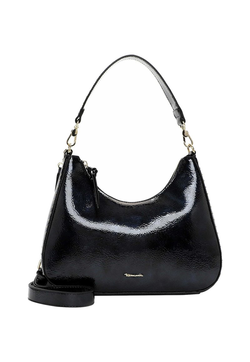 Zwarte handtas van lakleer met een gebogen vorm, afneembare band en accenten van goudkleurig metaal. Voorzien van een ritssluiting en een gestructureerd oppervlak.