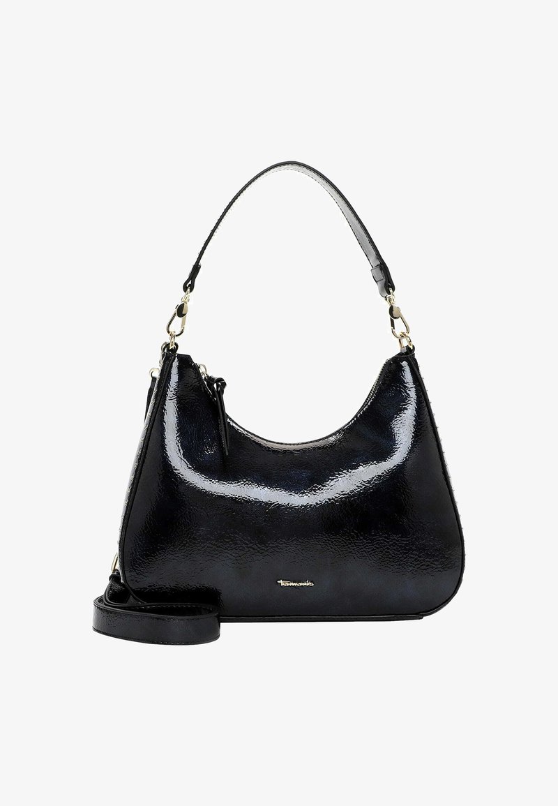 Zwarte handtas van lakleer met een gebogen vorm, afneembare band en accenten van goudkleurig metaal. Voorzien van een ritssluiting en een gestructureerd oppervlak.