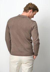 Brauner, gestrickter Pullover mit Polokragen, geripptem Saum und Bündchen. Der Stoff hat eine glatte Textur mit einem subtilen Muster.