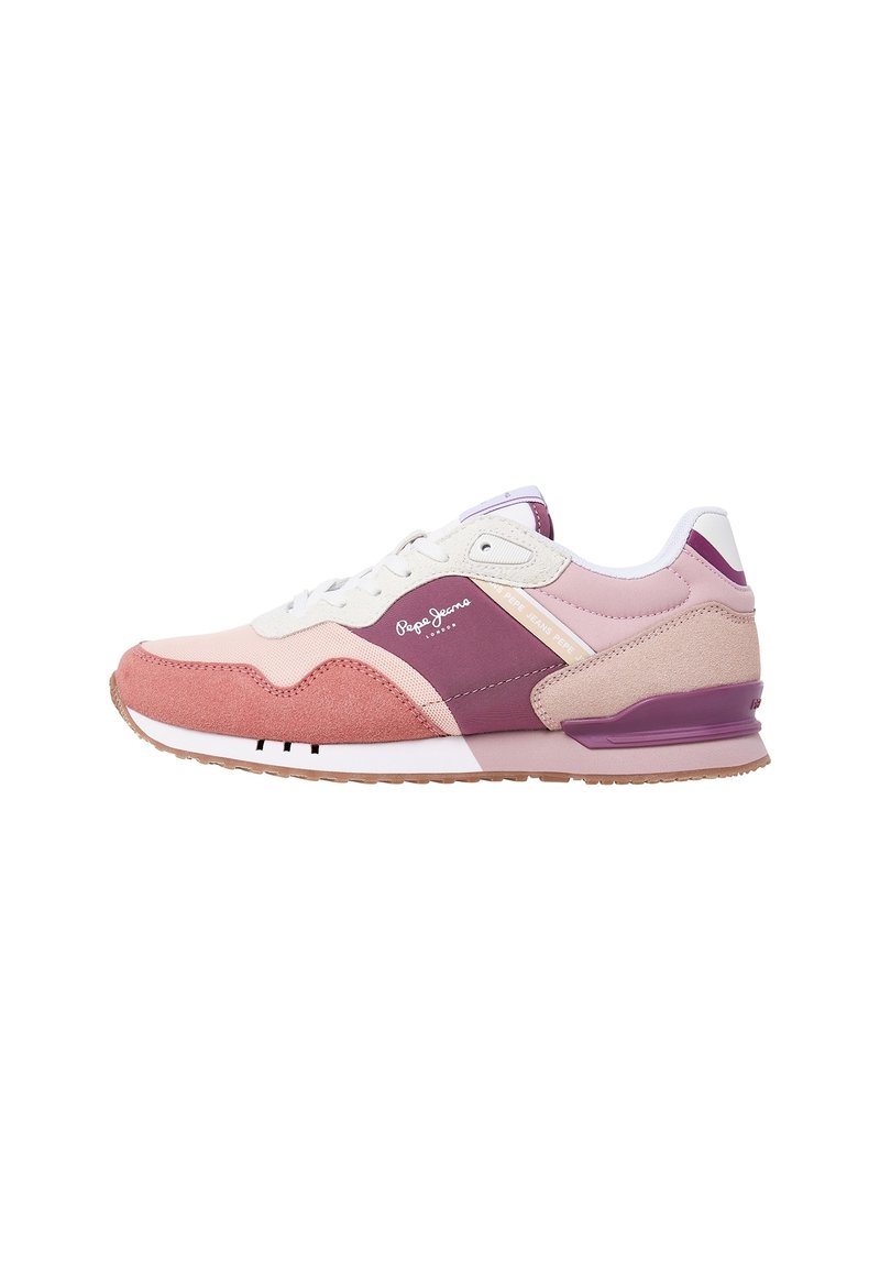 Lågt profil sneaker i pink, mauve och kräm med paneler av mocka och tyg, vita snören och "Pepe Jeans"-logotyp på sidan.