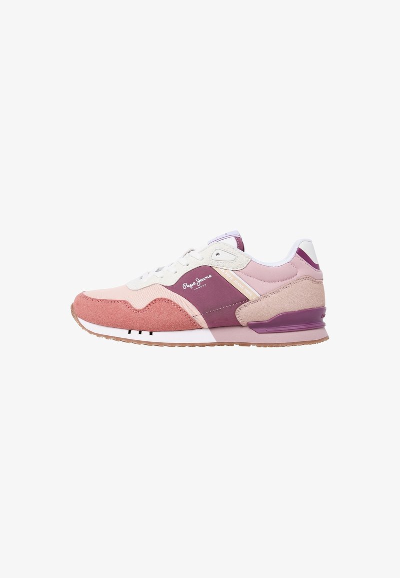 Lågt profil sneaker i pink, mauve och kräm med paneler av mocka och tyg, vita snören och "Pepe Jeans"-logotyp på sidan.