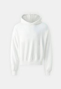 Λευκή κουκούλα με μακριά μανίκια, κοντή εφαρμογή, μαλακή υφή, ριμπ μανσέτες και διακριτική ραφή στον λαιμό.