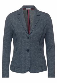 Blazer navy in tessuto testurizzato, con colletto a punta, due bottoni e tasche frontali. L'interno presenta un motivo a righe.