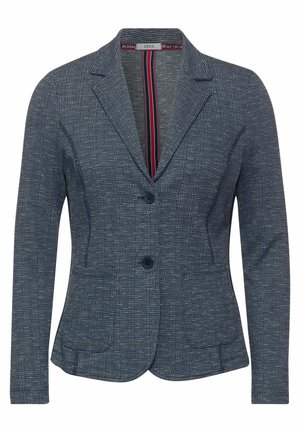 Americana marina de tejido texturizado, que presenta un cuello con muesca, dos botones y bolsillos frontales. El interior incluye un patrón a rayas.