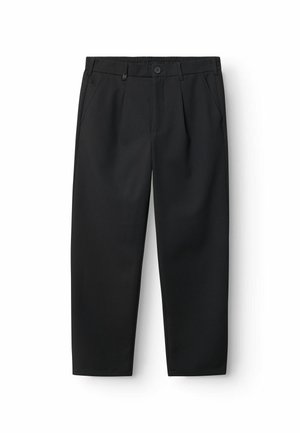 Black trousers made of smooth fabric, featuring a pleated front, waistband with elastic, button closure, and tapered leg design.