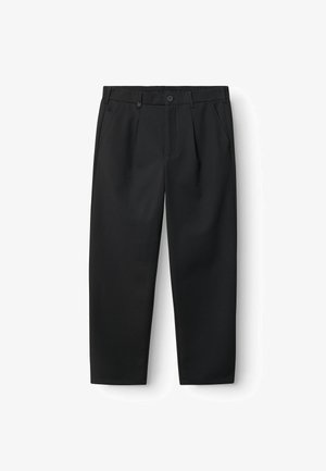 Black trousers made of smooth fabric, featuring a pleated front, waistband with elastic, button closure, and tapered leg design.