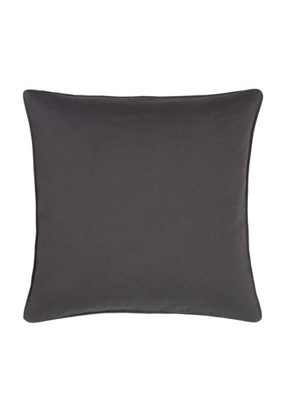 Σκούρο γκρι τετράγωνο μαξιλάρι με διακοσμητικές ραφές στις άκρες και λεία υφή υφάσματος.