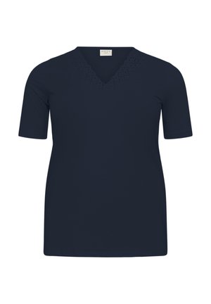 T-shirt bleu marine à manches courtes avec un col en V et un détail perforé décoratif le long de l'encolure, fabriqué en tissu doux et extensible.