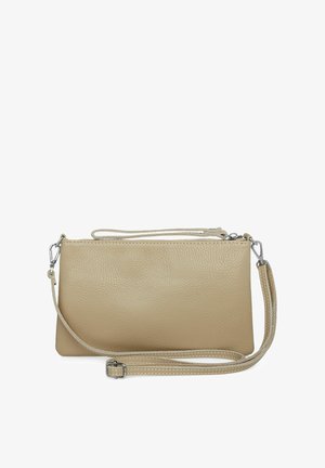 Beige leather clutch bag with a textured surface, zip closure, and a detachable shoulder strap. Features silver-tone hardware accents.