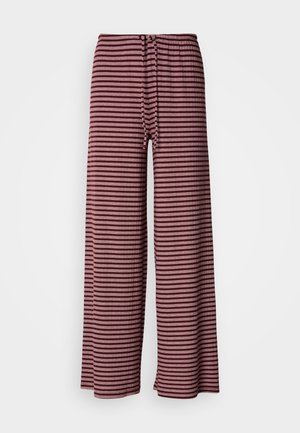 Maroon- og hvide horisontalt stribede brede bukser med elastisk talje og snørre foran.