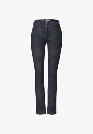 Dunkelblaue Jeans mit geradem Bein, versehen mit hellblauen vertikalen Streifen, zwei Vorderaschen, einem Knopfverschluss und Gürtelschlaufen.