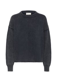 Dark gray, textured sweater with a round neckline and long sleeves, featuring a central seam down the front. Classic, casual style.