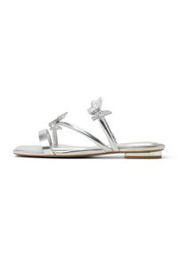 Flat sandals with metallic silver straps and butterfly accents. Smooth texture, open-toe design, and a small, block heel.