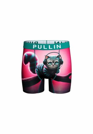 Boxers pour hommes avec une ceinture verte indiquée "PULLIN", présentant un chat de Cheshire souriant portant des écouteurs sur un fond rose.