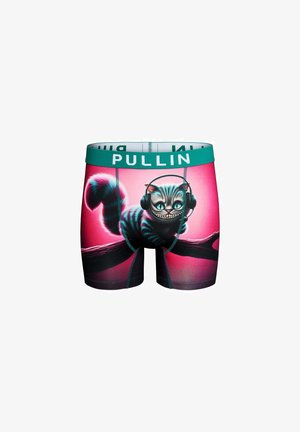 Boxers pour hommes avec une ceinture verte indiquée "PULLIN", présentant un chat de Cheshire souriant portant des écouteurs sur un fond rose.