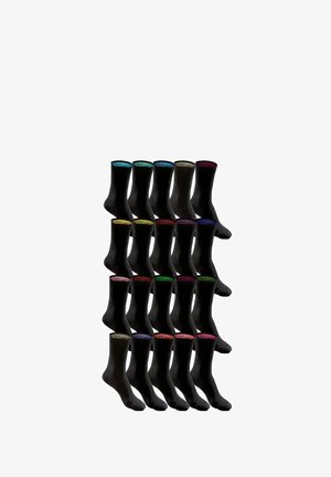 Crne čarape raspoređene u više redova, sa šarenim detaljima na rubovima. Napravljene od glatkog, rastezljivog materijala.