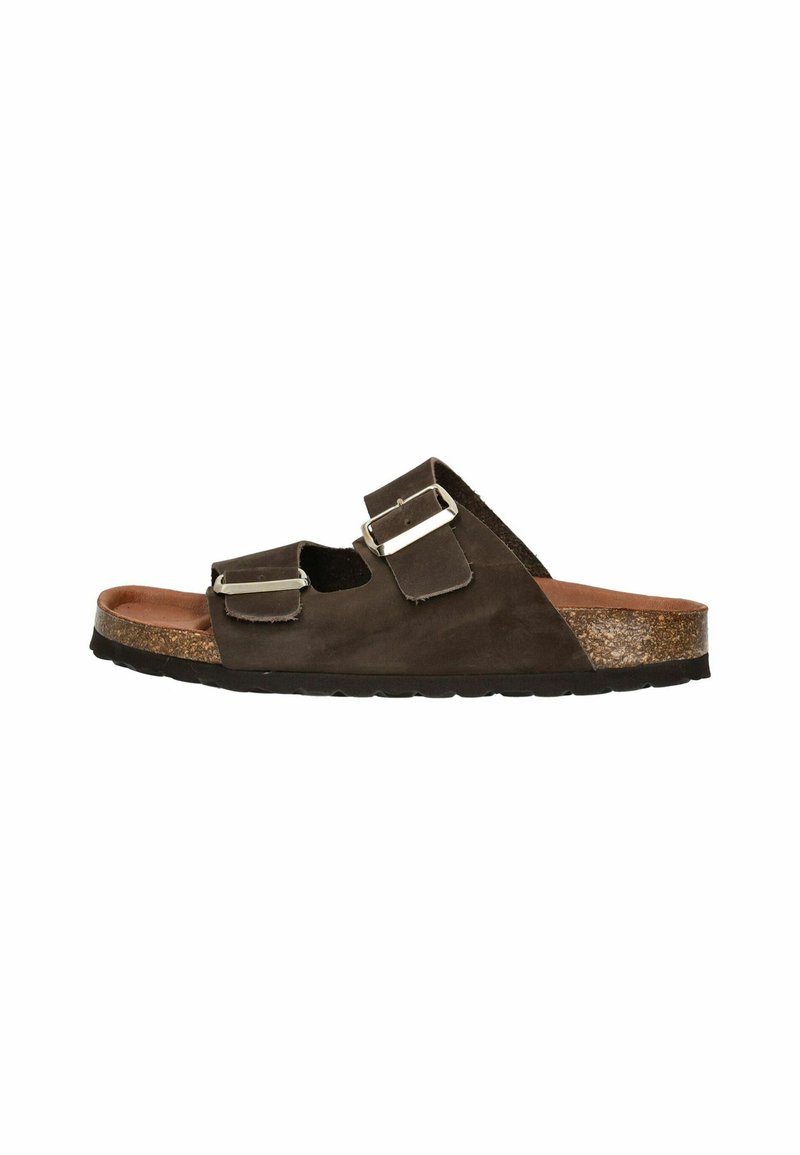 Brun ruskinds slidSandaler med to justerbare sølvfarvede spænder, korksål og sort gummisål. Åben tå-design, afslappet stil.