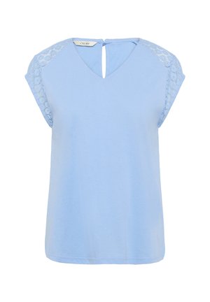 Helles blaues Kurzarm-Oberteil mit V-Ausschnitt und Spitzenakzenten auf den Schultern. Weicher, glatter Stoff mit lockerer Passform. Detail mit Schlüsselloch hinten.