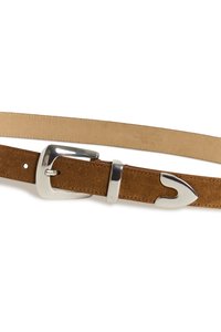 Brown suede belt with a silver metal buckle and accent, featuring an adjustable prong and a smooth, clean edge design.