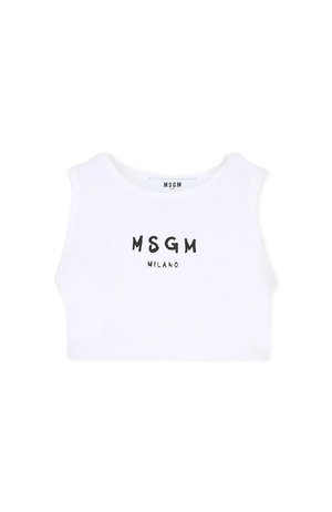 Witte mouwloze cropped top met zwarte "MSGM MILANO" tekst op de voorkant, ontworpen voor kinderen.