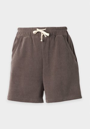 Brown casual shorts with side pockets, elastic waistband, and a white drawstring, displayed against a plain light background.