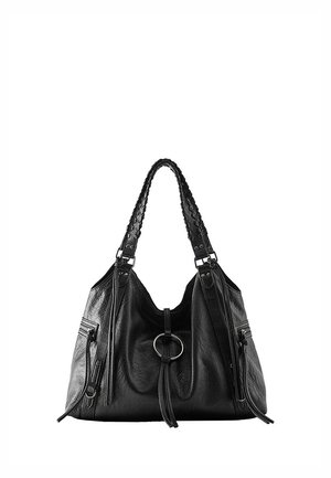Schwarze Lederhandtasche mit geflochtenen Griffen, vorderem Ringdetail und seitlichen Reißverschlusstaschen auf weißem Hintergrund.