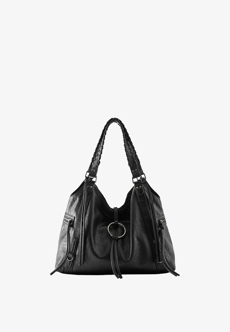 Sac à main en cuir noir avec poignées tressées, détail anneau avant et poches latérales zippées sur fond blanc.