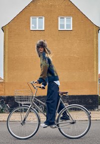 Hopeinen pyörä, jossa on etukori, minimalistisella suunnittelulla ja paksuilla renkailla. Mallilla on yllään kuviollinen villapaita ja turkislakki.