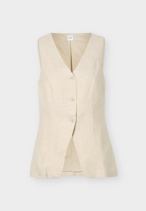 Beige lin vest uten ermer med tre knapper foran, V-hals og skreddersydd passform, vist på hvit bakgrunn.