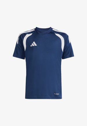 Maglietta sportiva blu navy con dettagli bianchi, maniche corte e scollo rotondo. Realizzata in materiale traspirante; presenta la scritta "Climalcool" sull'orlo.