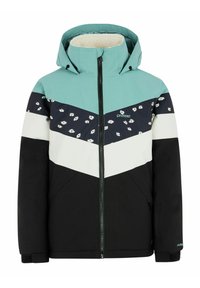 Veste d'hiver colorée avec un haut vert menthe, un motif floral bleu marine, un design en chevrons blanc et noir, une fermeture éclair à l'avant et une capuche doublée en polaire.