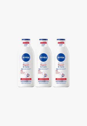 Three white Nivea Repair & Care body lotion bottles with blue caps, each labeled for 72h hydration and repair for very dry, rough skin.