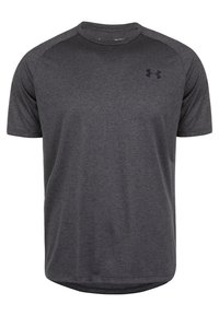 Mörkgrå Under Armour t-shirt med kort ärm, rundad hals och logotyp på vänster bröst.