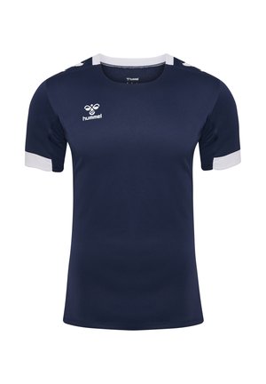 Marineblaues Sporttrikot mit weißen Akzenten an Ärmeln und Kragen, mit weißem Hummel-Logo auf der oberen linken Brust.