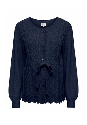 Mornarsko plavi pleteni kardigan s uzorkom čipkastog pletenja, okruglim izrezom, prednjim zatvaranjem na gumbe i detaljem s mašnom u struku. Valoviti donji rub.