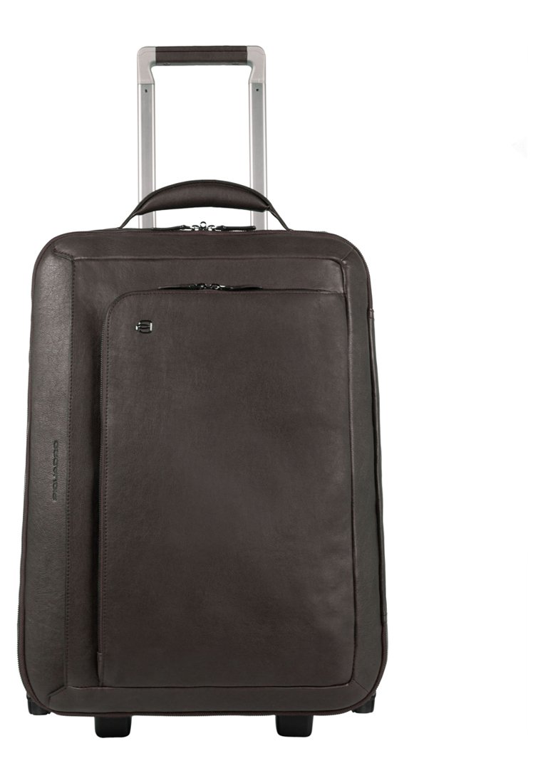 Valigia in pelle marrone con manico estraibile, tasca frontale con zip, superficie liscia e quattro ruote per una facile mobilità.