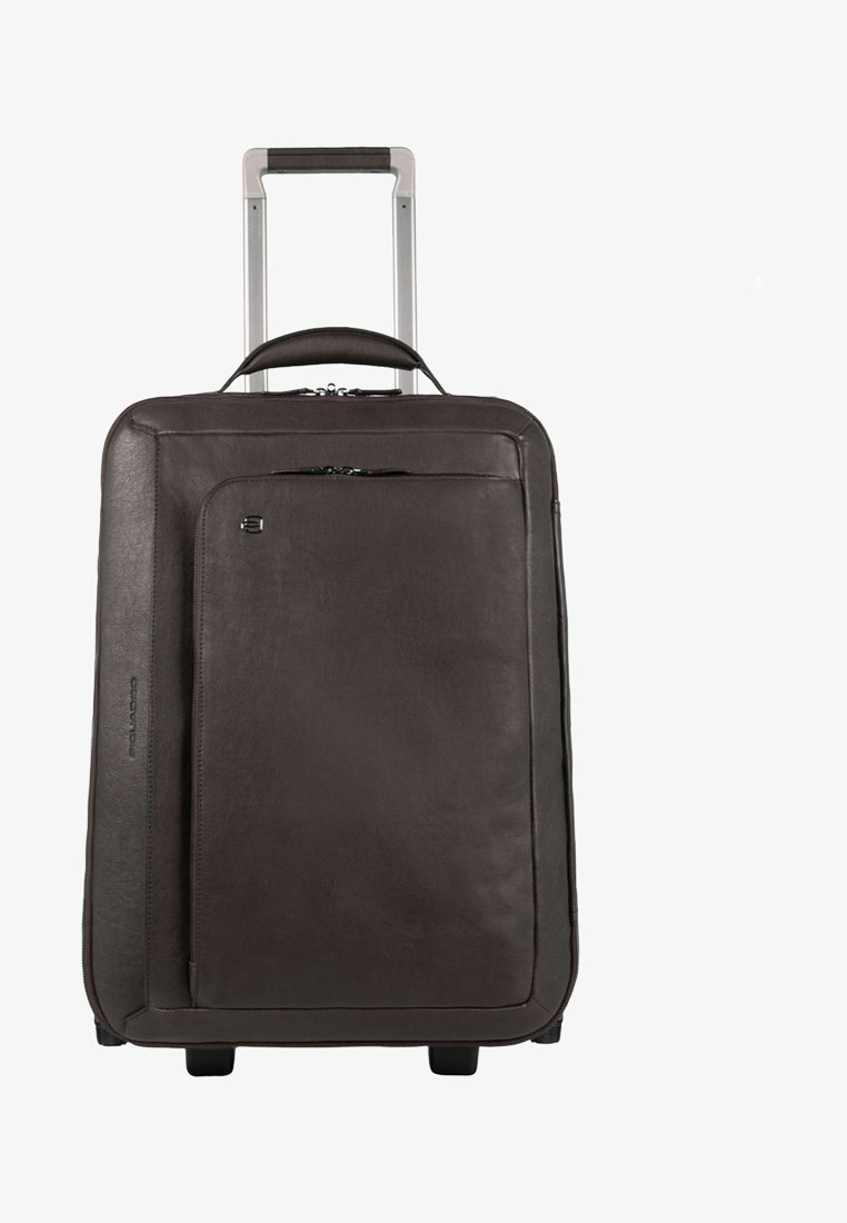 Valigia in pelle marrone con manico estraibile, tasca frontale con zip, superficie liscia e quattro ruote per una facile mobilità.