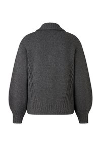 Donkergrijze gebreide trui met lange ballonmouwen, ribgebreide manchetten, hoge kraag en een gestructureerd steekpatroon op de rug en zijkanten.