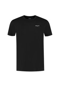 Zwarte katoenen T-shirt met een ronde hals. Heeft een klein wit logo op de borst. Korte mouwen en een rechte zoom.