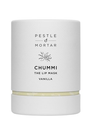 Contenant cylindrique texturé blanc étiqueté "Pestle & Mortar Chummi The Lip Mask Vanille" avec une petite illustration de fleur de vanille.