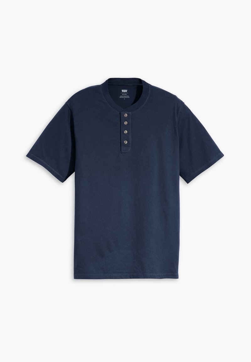 Maglietta henley a maniche corte blu navy in cotone, con colletto rotondo, patta con cinque bottoni e vestibilità comoda.