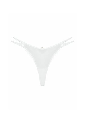 White thong underwear with lace trim. Features thin straps and a small gold accent in the center. Made from a smooth, stretchy material.