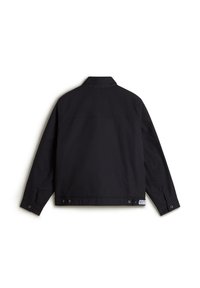 Schwarze Jacke mit klassischem Kragen, langen Ärmeln und Druckknopfverschluss an der Taille. Glatte Stoffqualität mit minimalistischer Gestaltung.