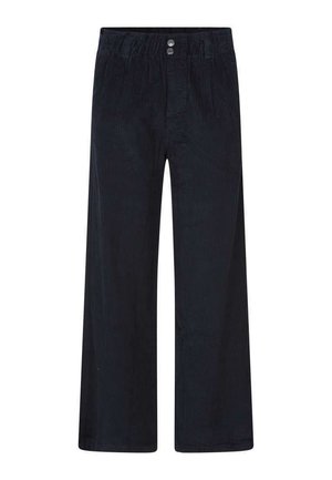 Pantalon large en velours côtelé noir avec ceinture boutonnée et poches, présenté à plat sur fond blanc.