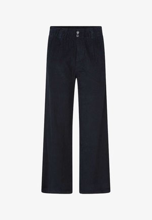 Pantalon large en velours côtelé noir avec ceinture boutonnée et poches, présenté à plat sur fond blanc.