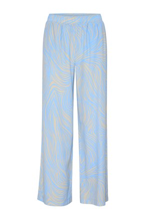 Hellblaue weit geschnittene Hose mit einem beigen wellenförmigen Muster. Hergestellt aus weichem Stoff mit einem elastischen Bund für Komfort und angenehmes Tragegefühl.
