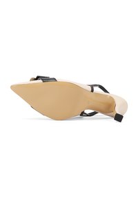 Scarpa nera con tacco alto e punta affilata, suola beige. Presenta una sottile cinghia alla caviglia con un accento dorato e una superficie texture.